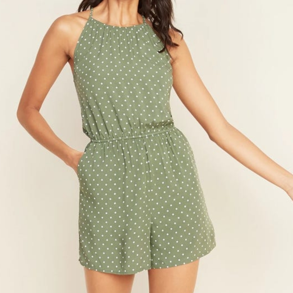 Old Navy sleeveless green polka dot romper